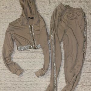 Miss Lola Tan Sequin Trim Hoodie and Joggers Set